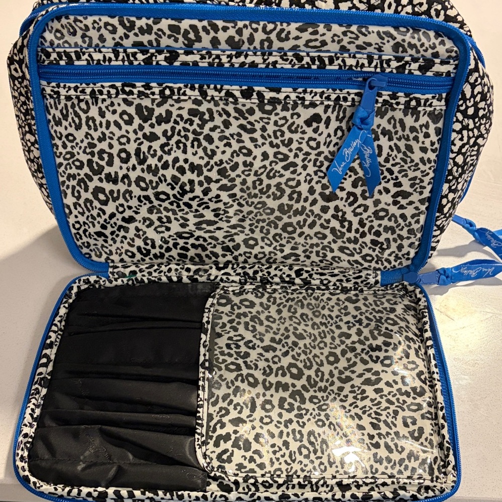 Vera Bradley Black & White Leopard Print Cosmetic Case with Bright Blue Trim - Picture 6 of 8